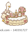 Cute Goose Arranging Pink Roses And Candles On Elegant Birthday Tea Party Table Vintage Coquette Celebration Character Illustration 140391727