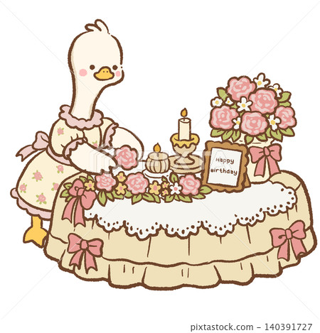 Cute Goose Arranging Pink Roses And Candles On Elegant Birthday Tea Party Table Vintage Coquette Celebration Character Illustration Cute Goose Arranging Pink Roses And Candles On Elegant Birthday Tea Party Table Vintage Coquette Celebration Character Illustration 140391727