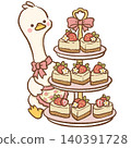 Cute Goose Presenting Three Tier Dessert Stand Filled With Strawberry Cheesecake Slices Sweet Birthday Tea Party Character Illustration 140391728