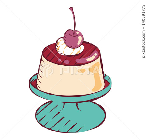 An illustration of a retro custard pudding topped with a cherry. An illustration of a retro custard pudding topped with a cherry. 140391775