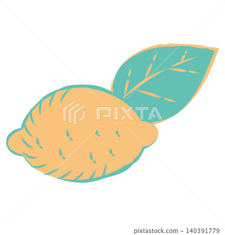Hand-drawn illustration of a lemon with leaves 140391779