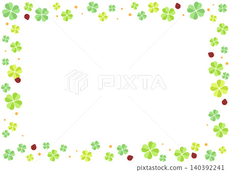 A cute frame featuring a four-leaf clover and a ladybug, with a background illustration of fresh greenery and early summer events. 140392241