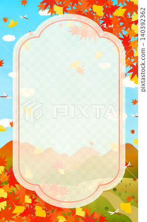 Autumn leaves and ginkgo tree landscape with simple frame 2_vertical Autumn leaves and ginkgo tree landscape with simple frame 2_vertical 140392362