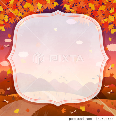 Autumn foliage and ginkgo tree scenery at dusk, with a simple square frame (3). Autumn foliage and ginkgo tree scenery at dusk, with a simple square frame (3). 140392378
