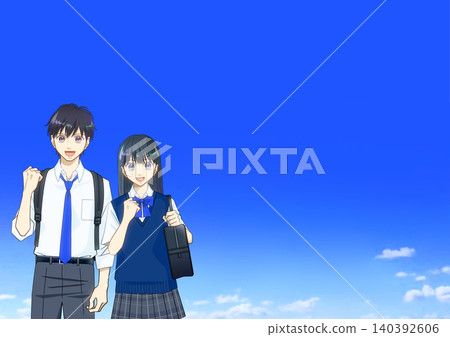 一幅動漫風格的插畫,描繪了身著夏裝的高中或初中男生女生,背景是廣闊的藍天。 一幅動漫風格的插畫,描繪了身著夏裝的高中或初中男生女生,背景是廣闊的藍天。 140392606