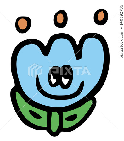 Hand drawn happy blue tulip flower with green leaves for floral print, sticker, nature, garden, spring, summer, plants, tree, blossom, blooming, backyard, picnic, park, outdoors, home, house, cartoon 140392735