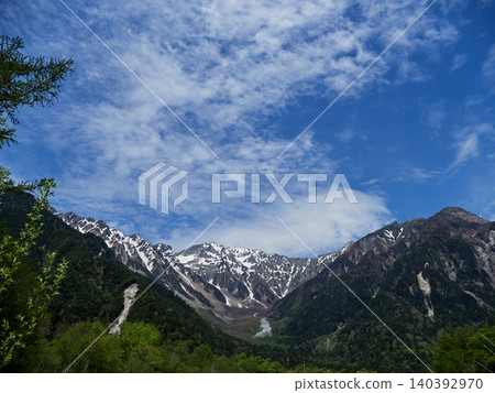 The early summer tourist spot of Kamikochi's fresh green forests and the snowy scenery of the Hotaka mountain range The early summer tourist spot of Kamikochi's fresh green forests and the snowy scenery of the Hotaka mountain range 140392970
