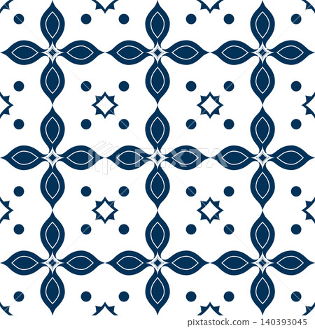 Seamless Blue Geometric Floral Tile Pattern with Mediterranean Inspired Ornament Seamless Blue Geometric Floral Tile Pattern with Mediterranean Inspired Ornament 140393045