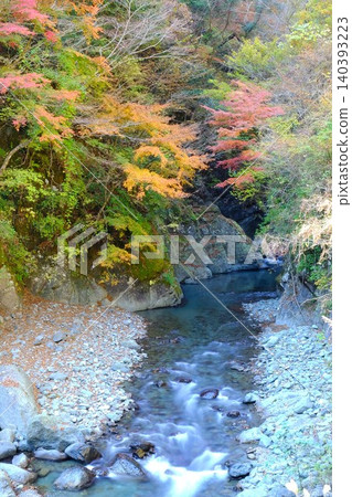 【神奈川縣】山谷中的秋葉和碧藍的河流 【神奈川縣】山谷中的秋葉和碧藍的河流 140393223