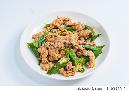 Stir-fried okra and pork, a Japanese-style dish with sesame flavor. Stir-fried okra and pork, a Japanese-style dish with sesame flavor. 140394041