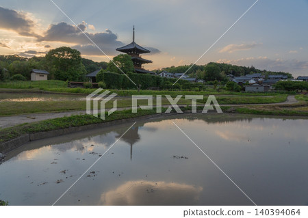 A photograph of the warming rice paddies reflecting Hokiji Temple, a scene from early summer in Ikaruga. A photograph of the warming rice paddies reflecting Hokiji Temple, a scene from early summer in Ikaruga. 140394064