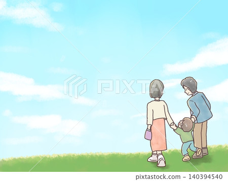 A parent and child taking a walk under the blue sky A parent and child taking a walk under the blue sky 140394540