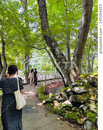 Tourists strolling along the walking trails in the lush green forest. Tourists strolling along the walking trails in the lush green forest. 140394833
