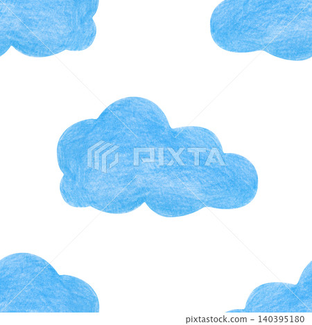 A hand-drawn seamless colored pencil pattern with blue fluffy clouds on an isolated background. This magical weather texture is perfect for prints on baby textiles, nursery wallpaper, baby sleep 140395180