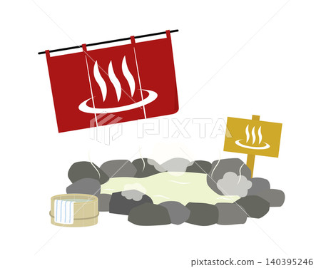A set of illustrations depicting a hot spring trip: a hot spring curtain, a rock bath, a wooden bucket, and a towel. A set of illustrations depicting a hot spring trip: a hot spring curtain, a rock bath, a wooden bucket, and a towel. 140395246