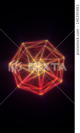 Red and yellow glowing wireframe polyhedron on a dark background, representing abstract geometry, data, and digital network structure. Red and yellow glowing wireframe polyhedron on a dark background, representing abstract geometry, data, and digital network structure. 140395661