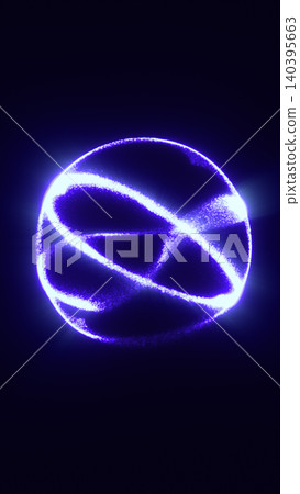 Abstract violet glowing orb with bright particle trails wrapping around a luminous spherical form on a dark background Abstract violet glowing orb with bright particle trails wrapping around a luminous spherical form on a dark background 140395663