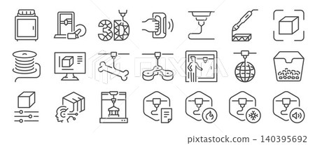 3D print icon set. It includes a printer, vinyl, plastic, machine, model, and more icons. 3D print icon set. It includes a printer, vinyl, plastic, machine, model, and more icons. 140395692