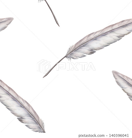 Vintage feather seamless pattern watercolor illustration. Antique quill pen for traditional pharmacy branding, handmade soap packaging design, rustic apothecary label, organic wellness print 140396041