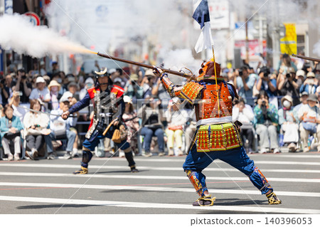 Sendai Aoba Festival: Matchlock firing at the traditional Date matchlock gun demonstration Sendai Aoba Festival: Matchlock firing at the traditional Date matchlock gun demonstration 140396053