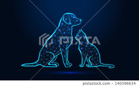 Neon low poly wireframe dog and cat sitting together on dark blue background. Neon low poly wireframe dog and cat sitting together on dark blue background. 140396634
