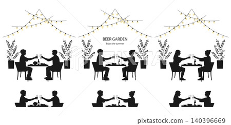 一組描繪人們在啤酒花園中舉杯慶祝的剪影插畫。向量圖，白色背景。夏季主題。包含全身像和上半身像。 140396669