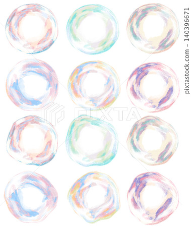 Pastel-colored, hand-drawn style soap bubbles and watercolor circular frame set Pastel-colored, hand-drawn style soap bubbles and watercolor circular frame set 140396671