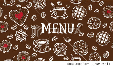 Dark seamless coffee and pastry pattern with cups, beans and desserts on brown background, warm cafe mood, food packaging, cozy coffeehouse style. 140396813