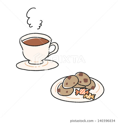 手繪的茶具和餅乾套裝插圖。 140396834