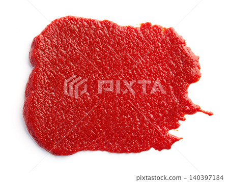 Red Tomato Paste or Ketchup Smear Isolated on White Background. Top View Red Tomato Paste or Ketchup Smear Isolated on White Background. Top View 140397184