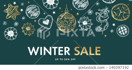 Winter sale, Christmas Cookie and ball set, Hand drawn illustration. Winter sale, Christmas Cookie and ball set, Hand drawn illustration. 140397192