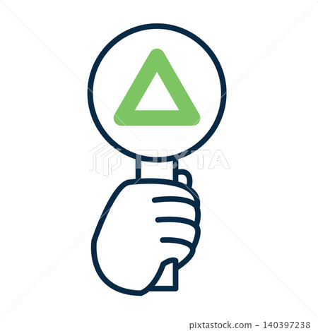 An illustration of a hand holding a triangular answer card. An icon of a hand holding a plate with a green triangle mark. The answer to the question. 140397238