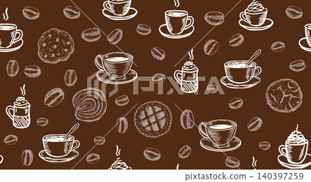 Dark seamless coffee and pastry pattern with cups, beans and desserts on brown background, warm cafe mood, food packaging, cozy coffeehouse style. 140397259