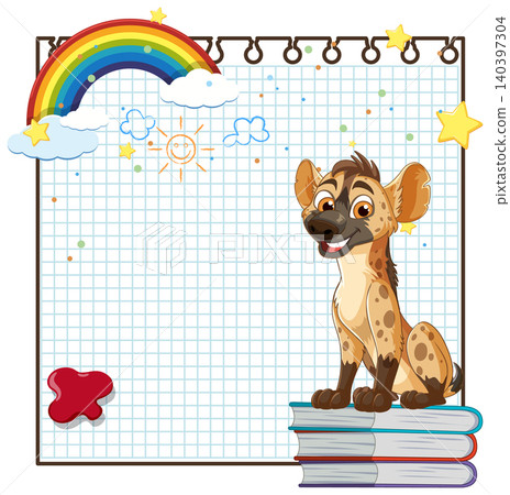 Cartoon Hyena Sitting on Books with Rainbow Grid Paper Background Cartoon Hyena Sitting on Books with Rainbow Grid Paper Background 140397304