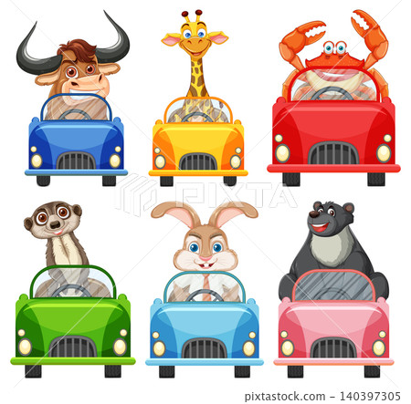 Cartoon Animals Driving Colorful Cars in Vector Illustration Cartoon Animals Driving Colorful Cars in Vector Illustration 140397305