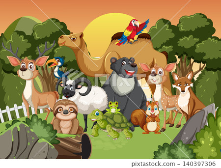 Group of Cartoon Forest and Jungle Animals at Sunset Group of Cartoon Forest and Jungle Animals at Sunset 140397306