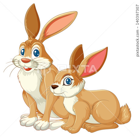 Two Cartoon Brown Rabbits Sitting Together Two Cartoon Brown Rabbits Sitting Together 140397307