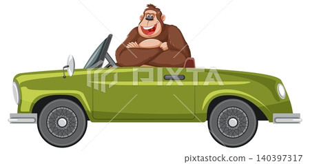 Cartoon Gorilla Driving Green Convertible Car Side View 140397317