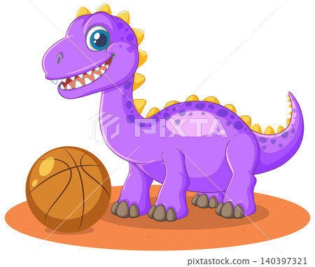Friendly Purple Dinosaur Character Playing with a Basketball on White Background Friendly Purple Dinosaur Character Playing with a Basketball on White Background 140397321