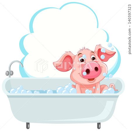 Cartoon Pink Pig Taking a Bubble Bath in a White Tub Cartoon Pink Pig Taking a Bubble Bath in a White Tub 140397323