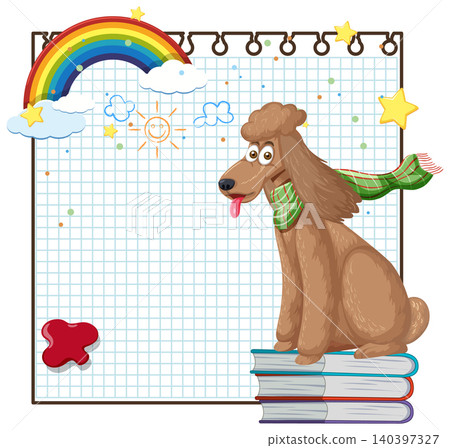 Cartoon Poodle Sitting on Books with Rainbow and Grid Paper Background 140397327