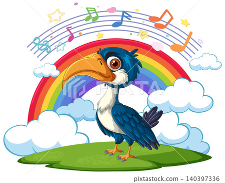 Cartoon Blue Bird Standing on Grass with Rainbow and Music Notes Cartoon Blue Bird Standing on Grass with Rainbow and Music Notes 140397336