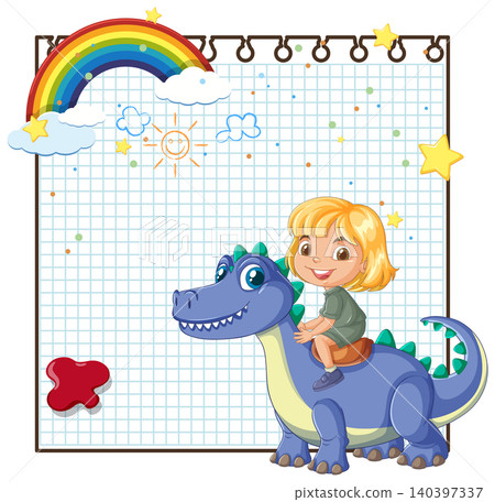 Cartoon Girl Riding a Blue Dinosaur on Grid Paper Background Cartoon Girl Riding a Blue Dinosaur on Grid Paper Background 140397337