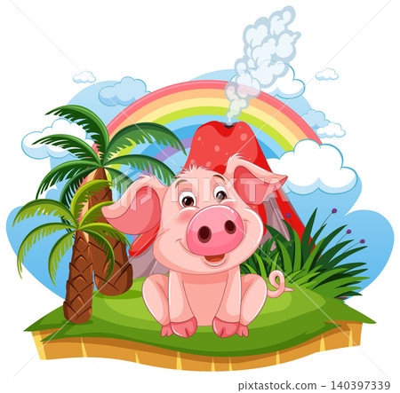 Cute Cartoon Pig Sitting on Tropical Island with Volcano and Rainbow Cute Cartoon Pig Sitting on Tropical Island with Volcano and Rainbow 140397339