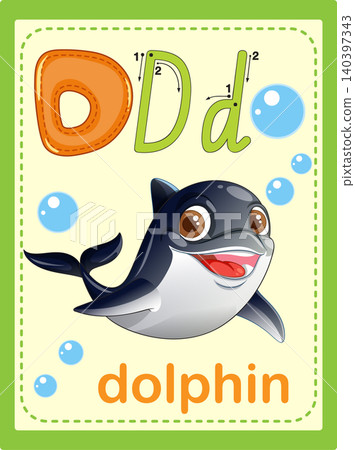 Educational Alphabet Flashcard for Letter D with Cartoon Dolphin Illustration Educational Alphabet Flashcard for Letter D with Cartoon Dolphin Illustration 140397343