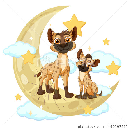 Two Cartoon Hyenas on Crescent Moon with Stars 140397361