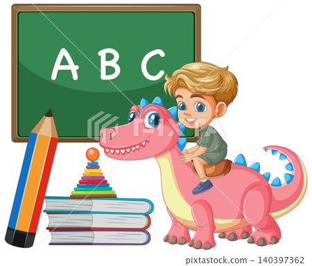 Cartoon Boy Riding Pink Dinosaur with School Supplies and Chalkboard Cartoon Boy Riding Pink Dinosaur with School Supplies and Chalkboard 140397362