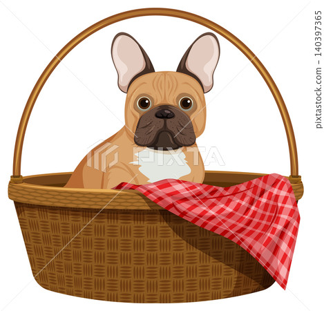 French Bulldog Puppy Sitting in Wicker Basket French Bulldog Puppy Sitting in Wicker Basket 140397365