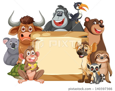 Group of Cartoon Jungle Animals Around Blank Wooden Sign 140397366