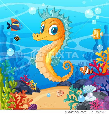 Cartoon Seahorse Swimming in a Colorful Coral Reef Underwater Scene Cartoon Seahorse Swimming in a Colorful Coral Reef Underwater Scene 140397368